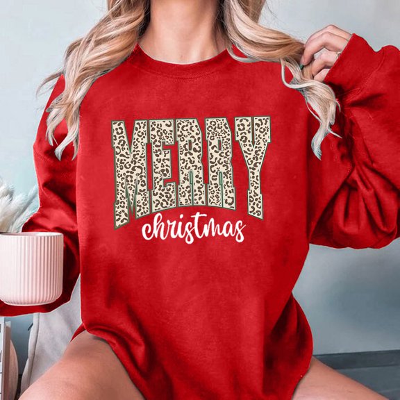 Merry Christmas Tree Sweatshirts for Women Graphic Crewneck Oversized Sweater Cotton Tops Printed Long Sleeve (X-Large, Red 06)