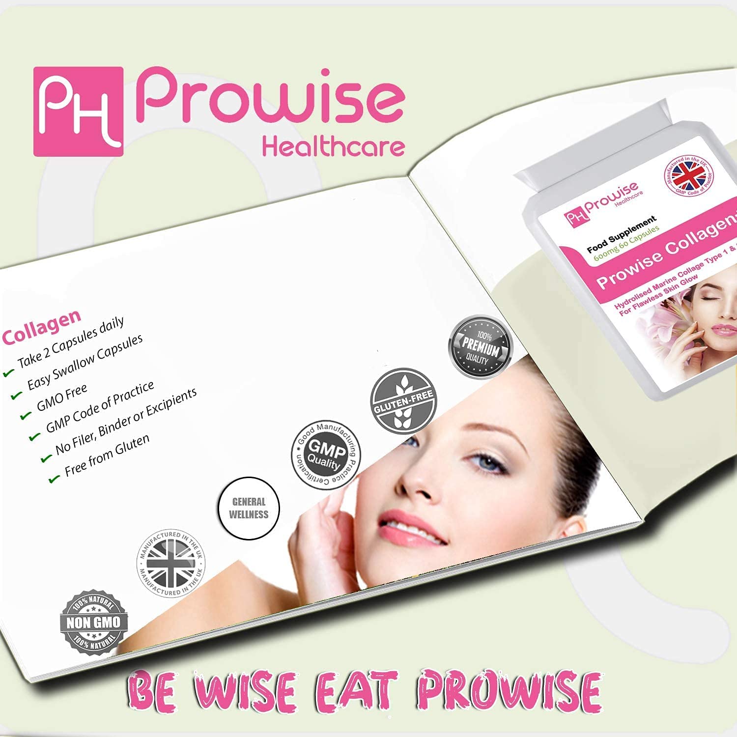 Marine Collagen Type 1 and Type 2 1200mg - 60 Capsules | UK Manufactured by Prowise Healthcare