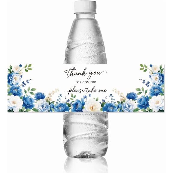 30pcs Water Bottle Labels Blue and White Peony Waterproof Sticker 8.51" x 2.51" Rectangle Water Bottle Wraps Sticker