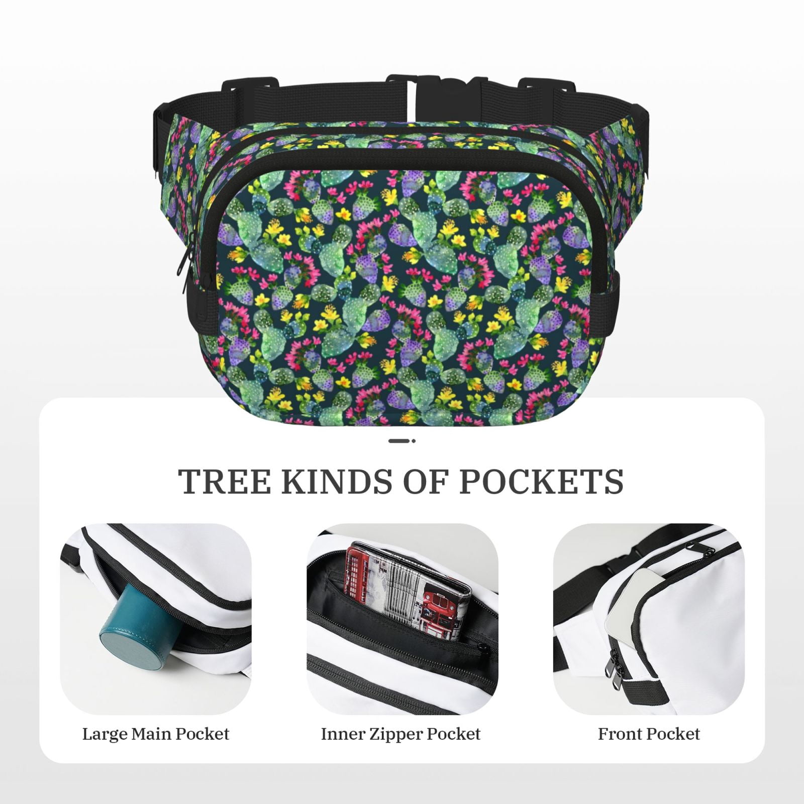 Picia Watercolor Cactuses Print Square Double-Layer Waist Bag Mini Adjustable Waist Belt Bag Exercise Running Travel Hiking