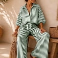 thumbnail image 4 of MaFYtyTPR Women 2 Piece Striped Outfits 3/4 Sleeve Button Down Shirt with Drawstring Wide Leg Pants Casual Comfy Two-piece Set A-Green L, 4 of 6
