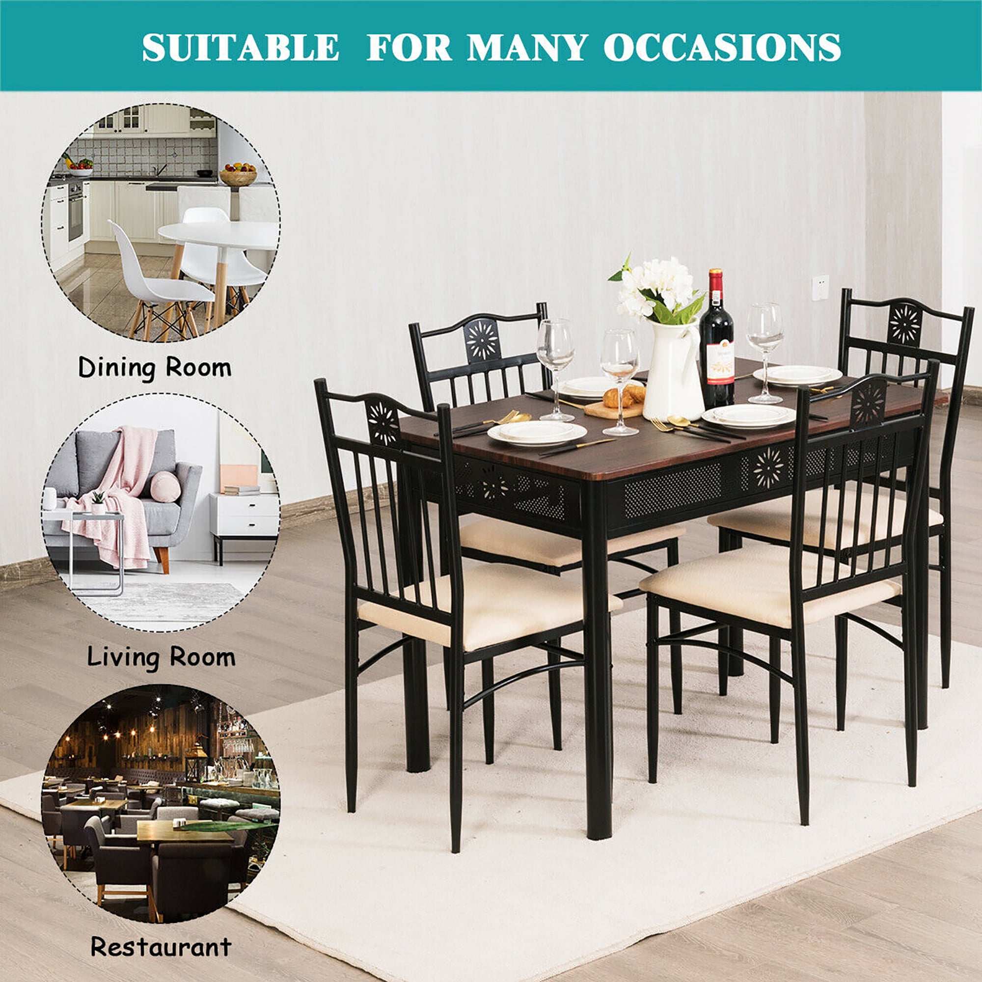 Costway 5 Piece Dining Set Wood Metal Table and 4 Chairs Kitchen Breakfast Furniture