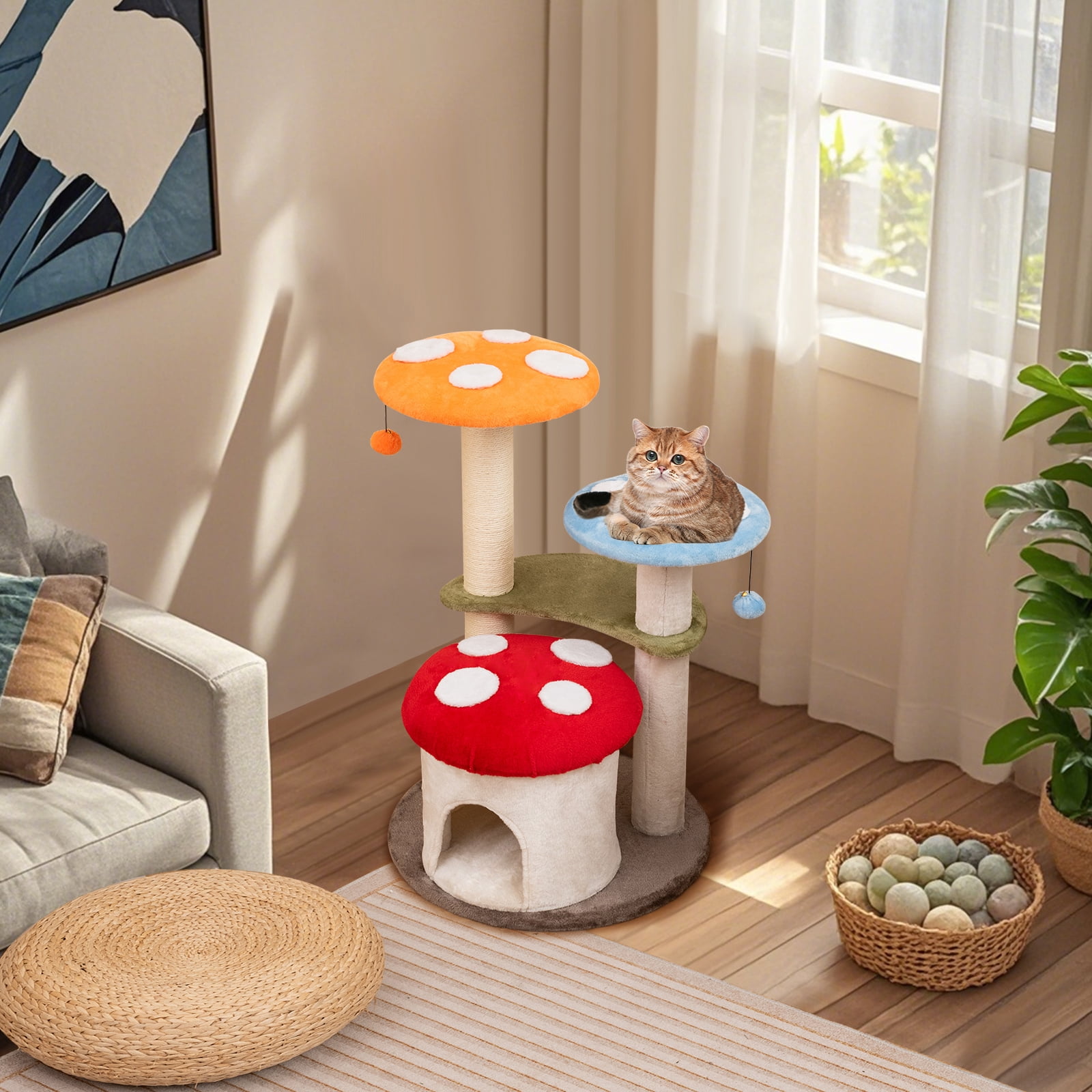 Gymax Cute Mushroom Cat Tree 35'' Tall Cat Tower w/ Sisal Scratching Posts Cat Condo