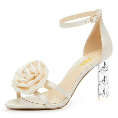 FSJ Women Sexy Flower Open Toe Sandals Three Crystal Block High Heels Pumps Adjustable Buckle Ankle Strap Prom Wedding Evening Shoes Size 4 Beige