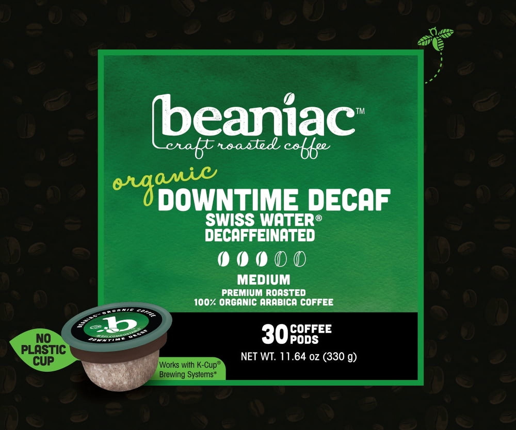 Beaniac Organic Downtime Decaf Swiss Water Decaffeinated Medium Roast Coffee Pods, 30 Count