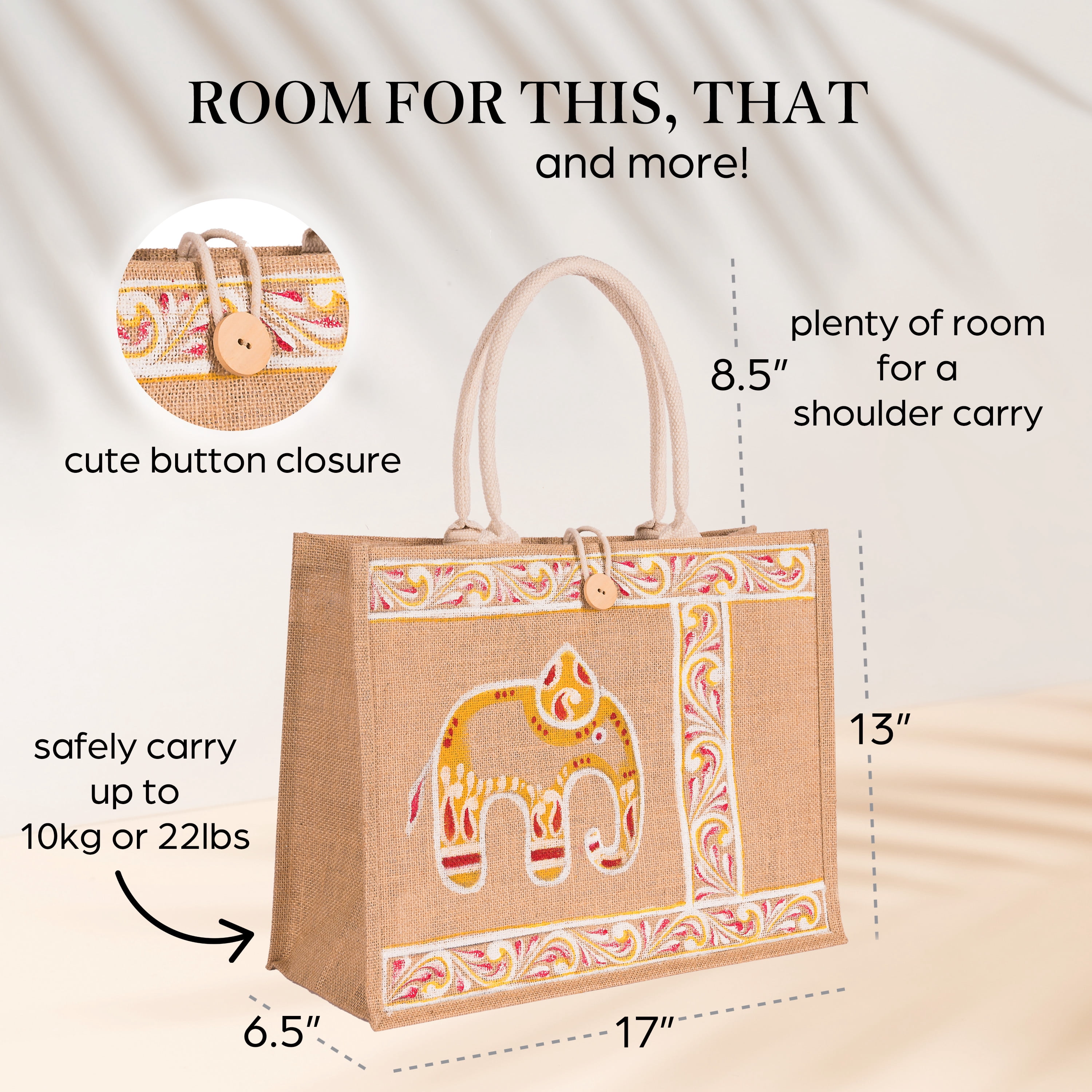 FOLIATE Jute Tote Handbag with Zipper Pouch (Large, The Elephant)