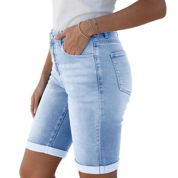 hoksml Women's 100% Denim Bermuda Shorts High Waist Roll Cuff Jean Shorts Casual Summer Knee Length