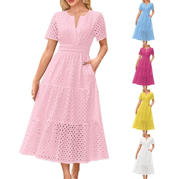 Zpanxa Women's V Neck Eyelet Lace Short Sleeve Maxi Dress with Pleated Hem Bohemian Summer Dress