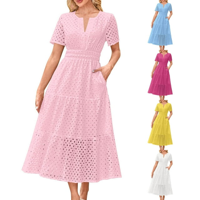 WRKEKC Robe Maxi à Manches Courtes en Dentelle Ajourée à Col en V pour Femme avec Ourlet Plissé Robe d'Été Bohème