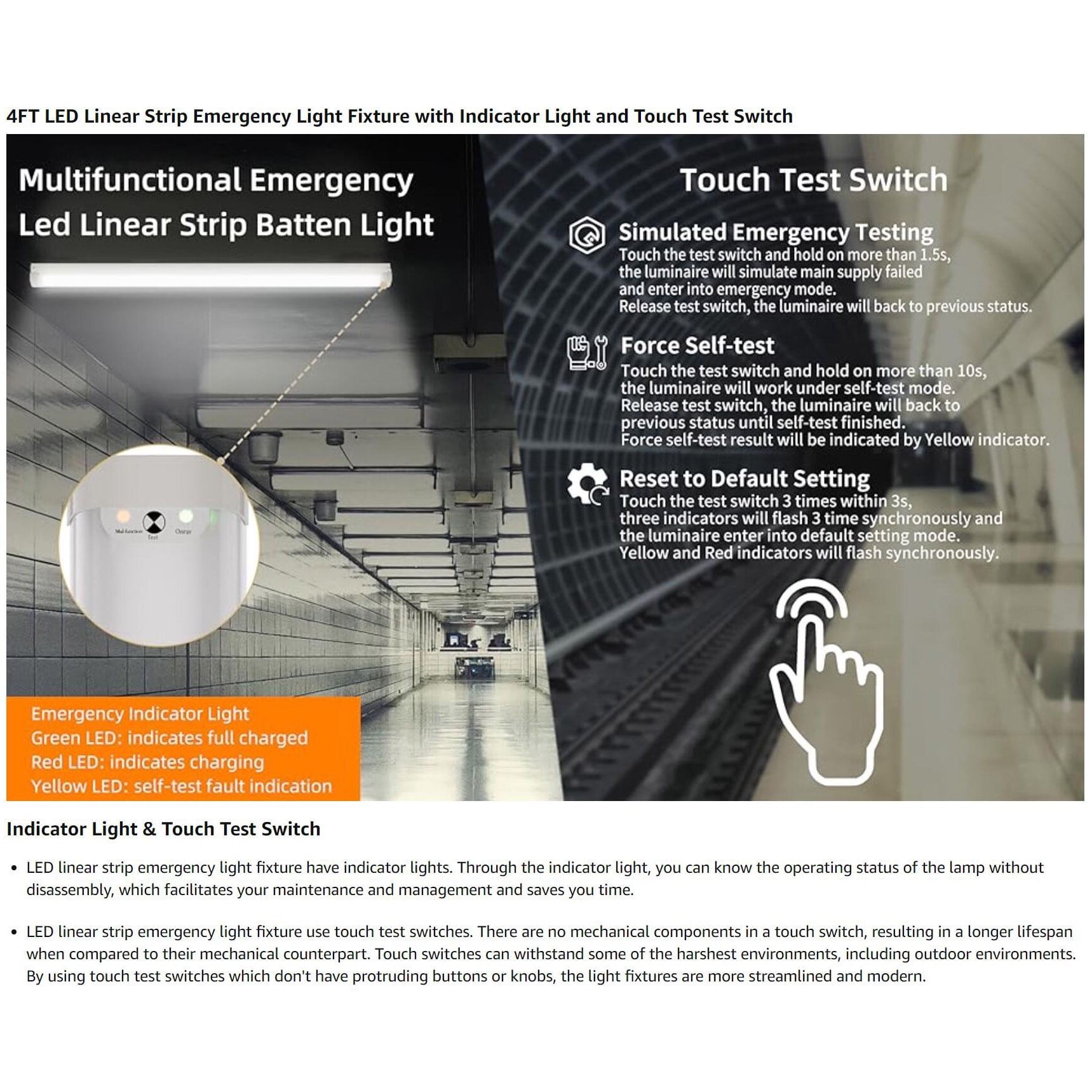 4FT LED Linear Strip Light 20W Emergency Output Battery Backup Dimmable, 3 CCT Selectable, FCC
