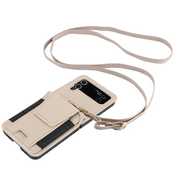 Allytechgroup Wallet Case for Samsung Galaxy Z Flip 3, with Crossbody Shoulder Strap Bumper Shockproof Cards Holder RFID Blocking Slim Phone Case for Galaxy Z Flip3, Apricot