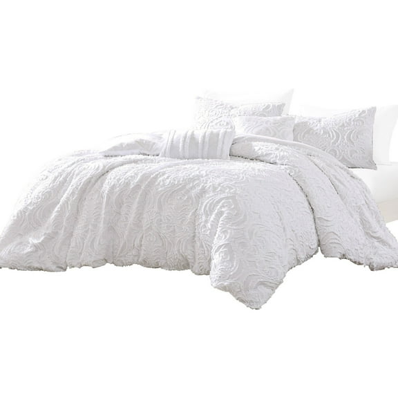 Kile Modern 6 Piece Queen Size Duvet Comforter Set - White Medallion Pattern