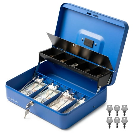 Volcora Large Cash Box with Key Lock, Metal Money Box for Cash, Portable Locking Safe Box with Money Tray, Durable Money Saving Organizer for Yard Sale, Garage Sale, Small Business, Blue