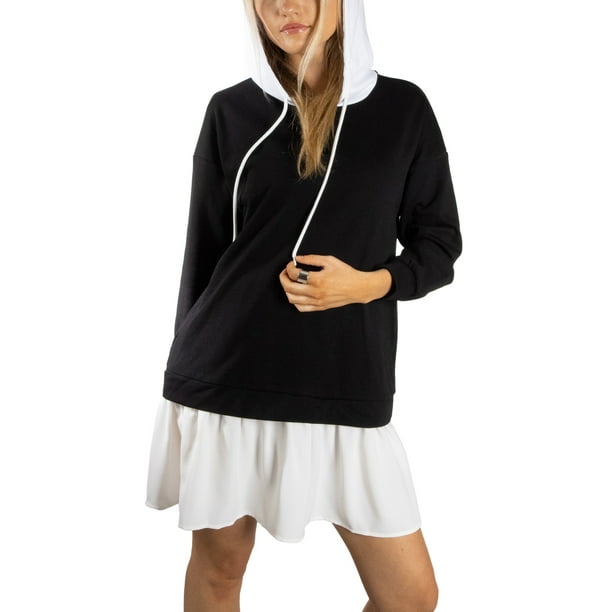 Vestido de Manga Larga de Doble Capa con Capucha Casual para Mujeres Jess by Meiko Color Negro