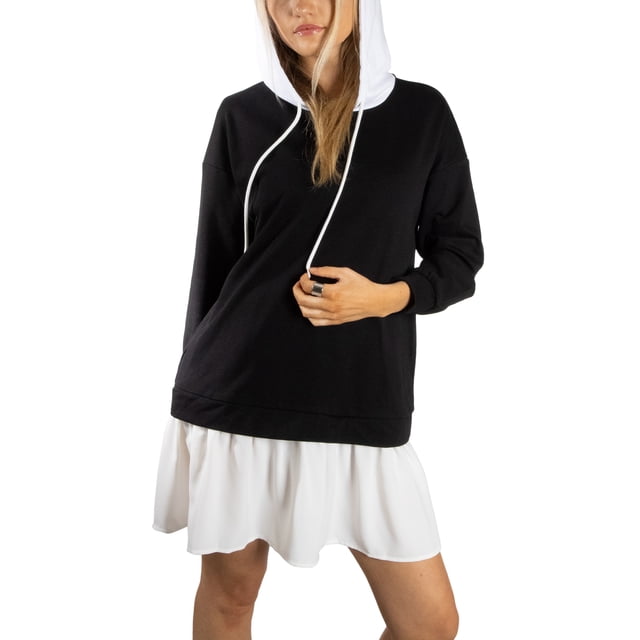 Jess por Meiko Vestido de Mujer de Manga Larga con Capucha Doble Capa Vestido Casual M Negro