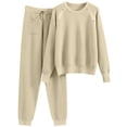 thumbnail image 3 of Jinhomg Women's 2 Piece Outfits Sweater Sets Casual Solid Cotton Knit Matching Lounge Set Comfy Long Sleeve Crewneck Pullover with Drawstring Waist Pant Beige Free Size, 3 of 9
