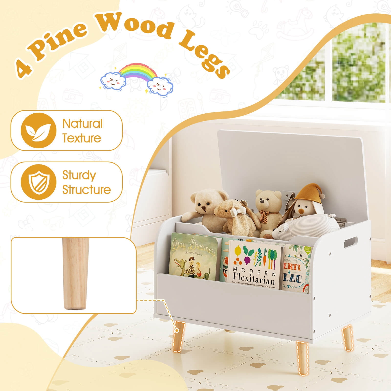 Costway Kids Wooden Toy Box with Front Bookshelf 4 Solid Wood Legs Flip-top Lid for Nursery White