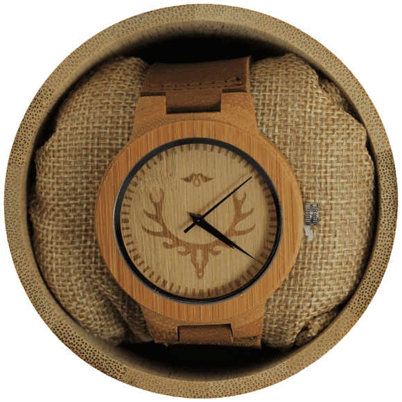 Angie Wood Creations Bamboo Men’s Watch With Laser Engraved Caribou Skull