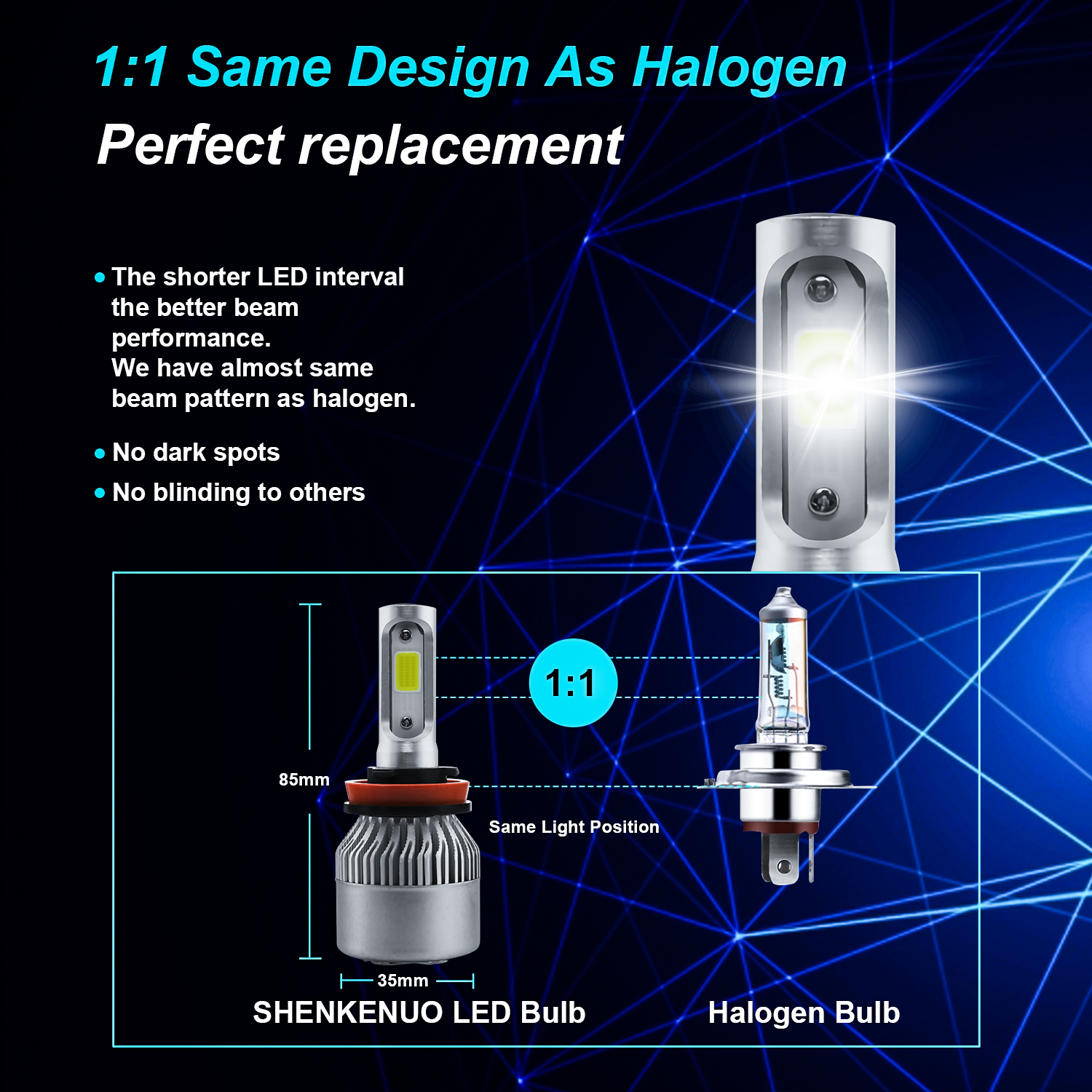 SHENKENUO H11 LED Headlight Bulb Kit For Pontiac G6 2005-2010 – High/Low Beam 6000K White (4 Bulbs)