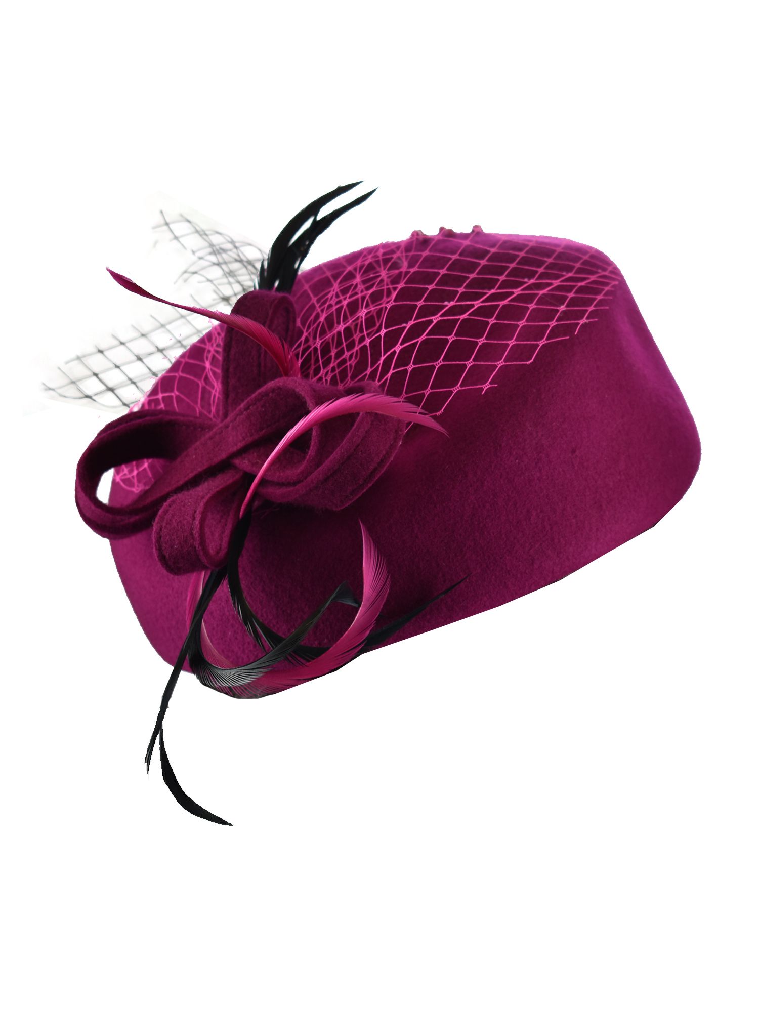 Women's Wool Felt Ribbon Feather Beaded Pillbox Fascinator Hat