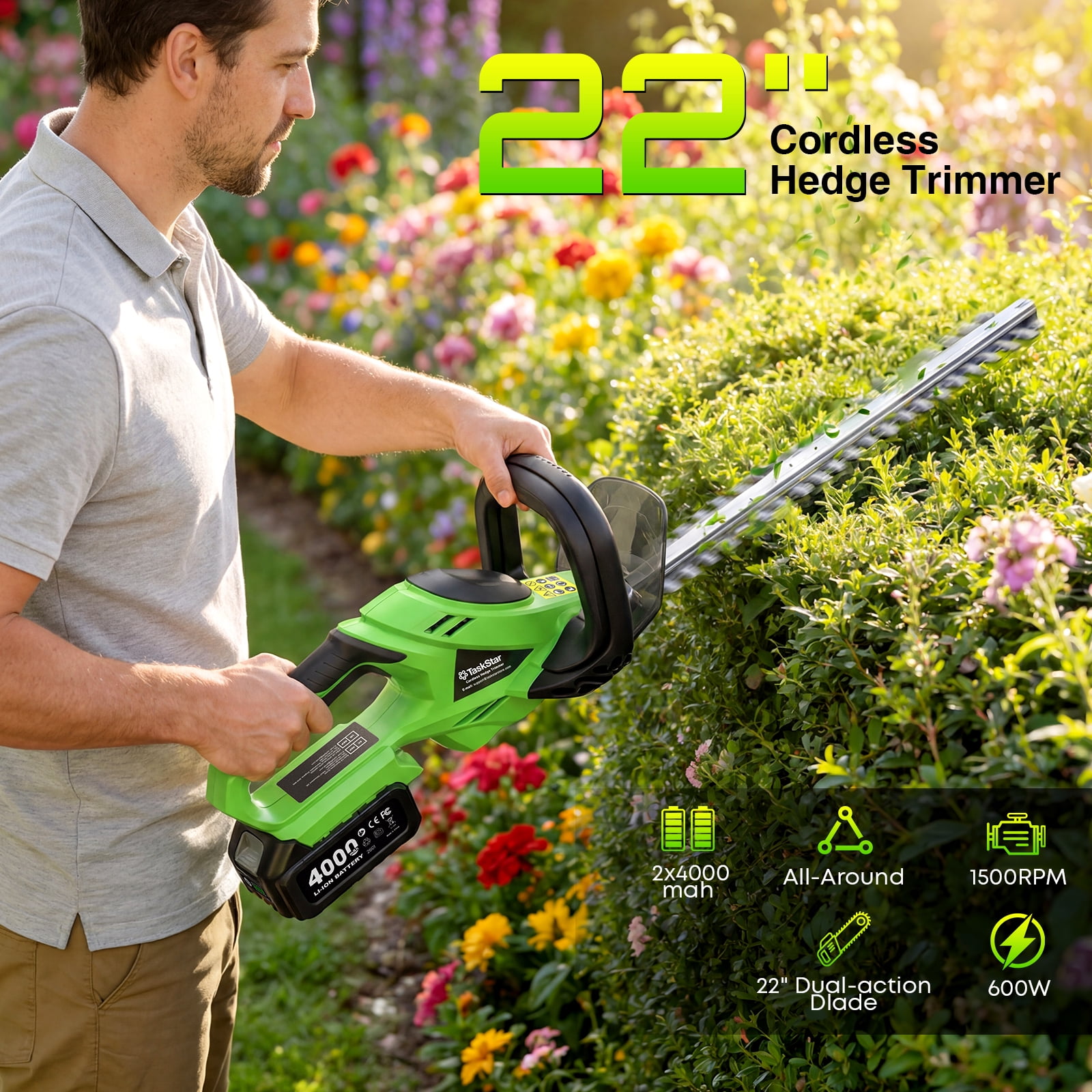 TaskStar 22in Cordless Hedge Saw Electric Bush Trimmer ,2*4.0Ah Battery+Charger , 5/8" Cutting, Handheld Shrub & Trimming Cutter