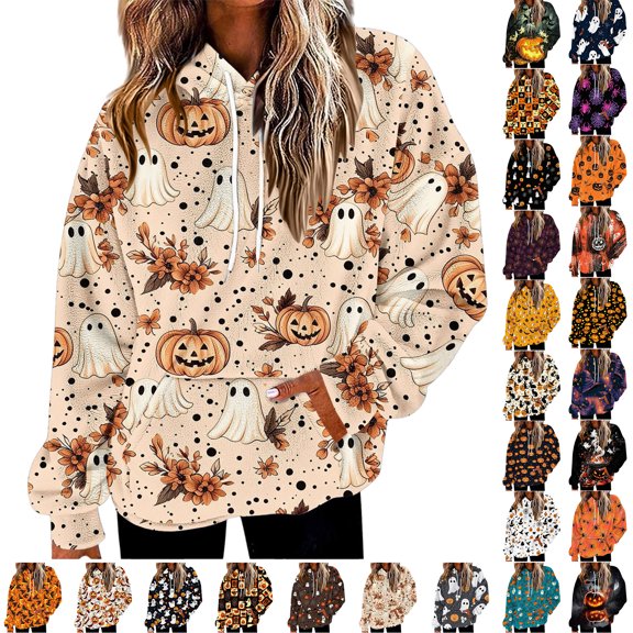 Frostluinai Womens Halloween Flannel Hooded Sweatshirt Long Sleeve with Pocket Ghosts Pumpkin Print Cozy Fuzzy Fleece Pullover Fall Spooky Season Top