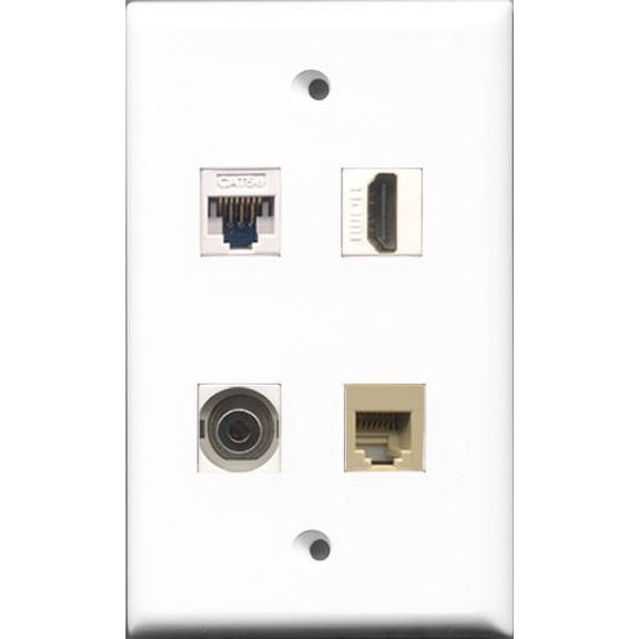 RiteAV - 1 Port HDMI and 1 Port Phone RJ11 RJ12 Beige and 1 Port 3.5mm and 1 Port Cat5e Ethernet White Wall Plate