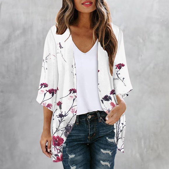 lcziwo 2024 Ladies Summer Kimono Kimonos for Women Floral Print Lightweight Chiffon Kimonos Cardigan Puff Sleeve Loose Beach Wear Cover Up Blouse Tops White XXL