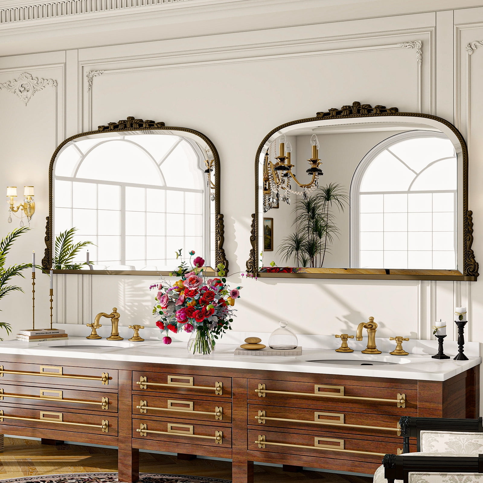 AUROMIR 32"x44" Antique Bathroom Arched Mirror Traditional Baroque Wall Vintage Mirror,Antique Bronze