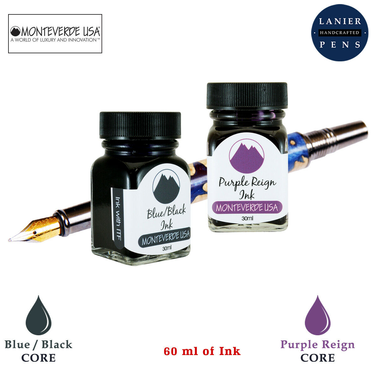 Monteverde 60ml Core Fountain Pen Ink Bottle (30ml Blue/Black Ink Bottle G309BB, 30ml Purple Reign Ink Bottle G309PR)