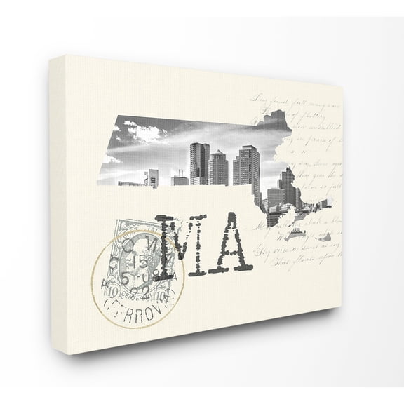 The Stupell Home Decor Massachusetts Black and White Photograph on Cream Paper Postcard Canvas Wall Art