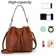 thumbnail image 4 of Bucket Bag Faux Leather Tassel Drawstring Crossbody Pouch Women Solid Color Shoulder Bag Handbag, Brown, 4 of 10