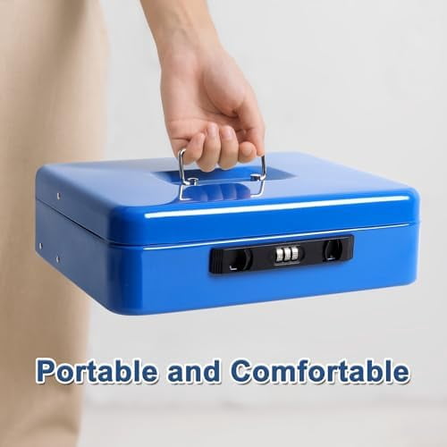 Locking Cash Box with Coin Lid, 11.8L x 9.5W x 3.5H Inches, Latch Safe Money Box with Combination Lock, Blue