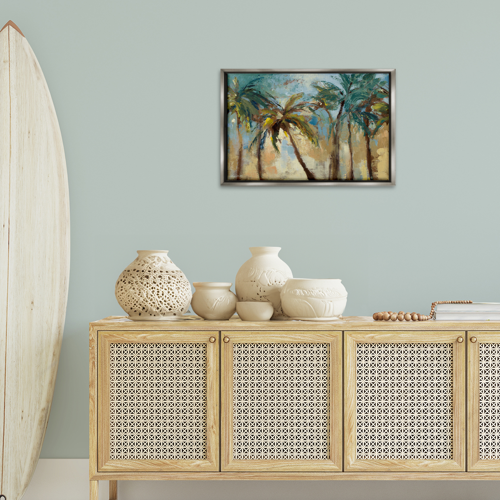 Stupell Industries Abstract Brushed Palms Botanical & Floral Painting Gray Floater Framed Canvas Art Print Wall Art, 25 x 17