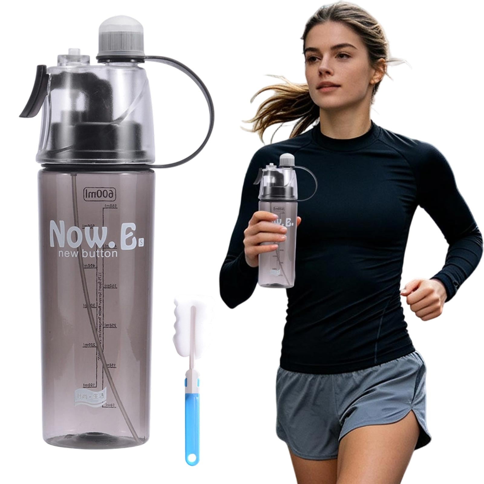 20oz Leakproof Water Bottle with Extra Spray Head & Straw 600ml BPA Free Sports Water Bottle Drinking and Spraying Misting Bottle for Cooling and Hydration Gym Sports Outdoors and Office (Black)