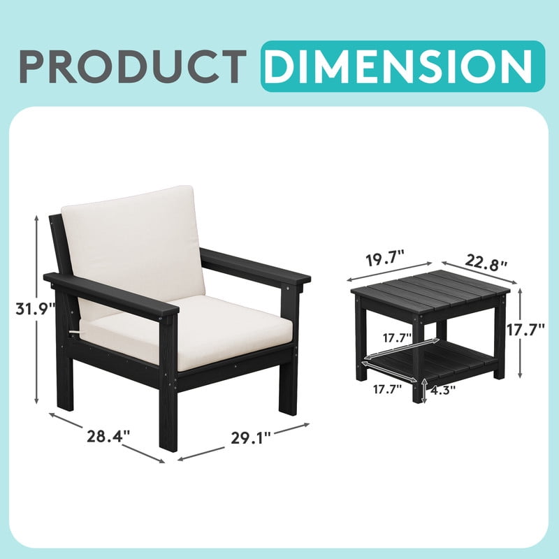 FUNDAZE Oversized HDPE Patio Furniture Sets, 2-Seater With Double-tier Table Outdoor Conversation Set | For Patio, Poolside, Backyard Use, Black Frame with Khaki Cushion