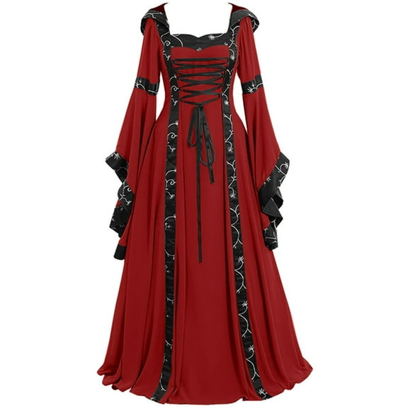 Lovskoo Women Renaissance Princess Dress Plus Size Halloween Costume Gothic Witch Dress Medieval Trumpet Sleeve Elegant Floor Length Maxi Long Sleeve Wedding Dress Red