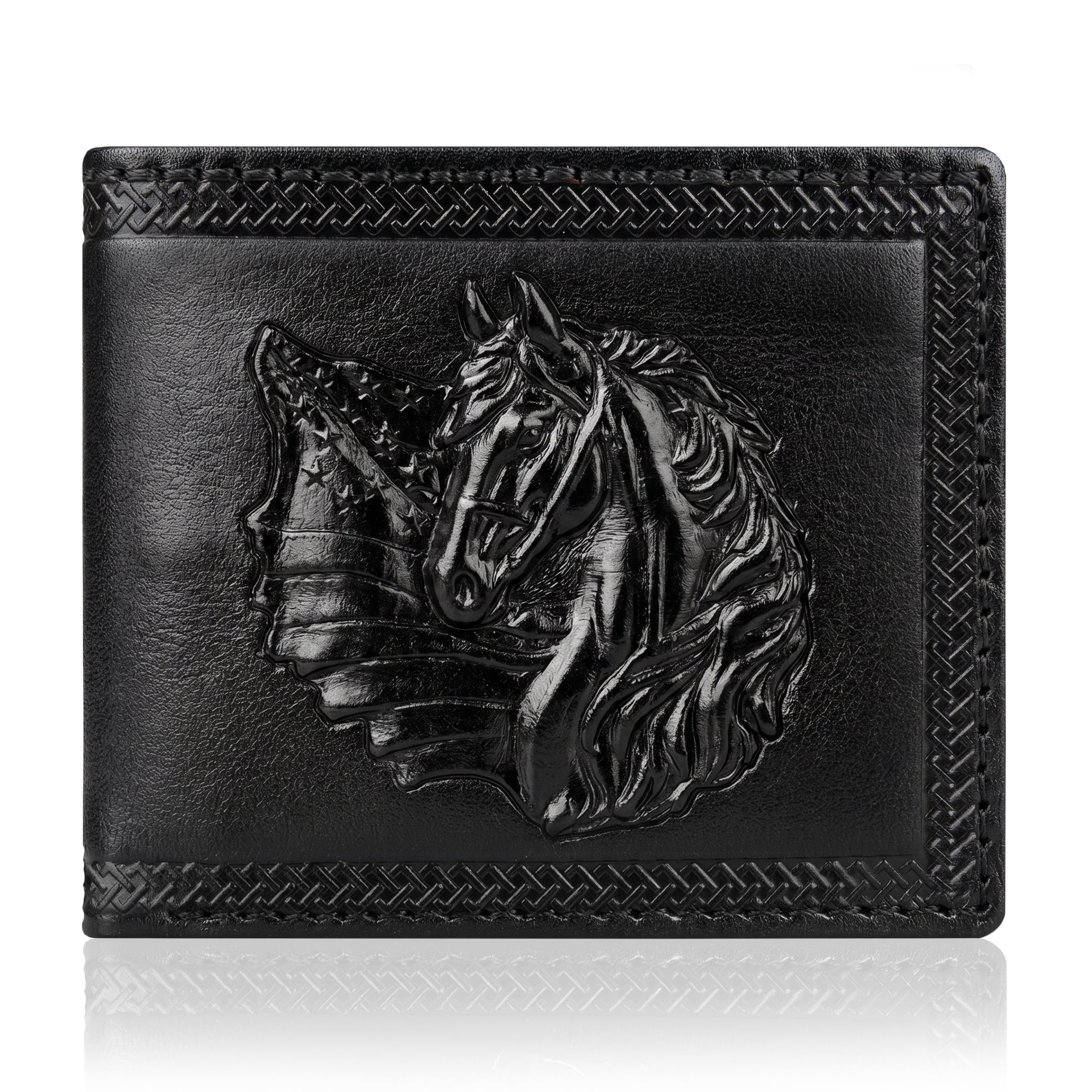 Leather Wallets for Men - 3D Embossed USA Flag Horse Bifold with RFID Blocking 1 ID Window 9 Card Slots & 2 Cash Pockets - Western Patriotic Genuine Leather (Jet Black)