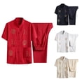 thumbnail image 3 of Tnobhg Men Chinese-style Suit 2 Pcs/set Men Shirt Pants Set Retro Chinese Tang Suit Top Stand Collar Single-breasted Embroidery Short Sleeve Elastic Waist, 3 of 8
