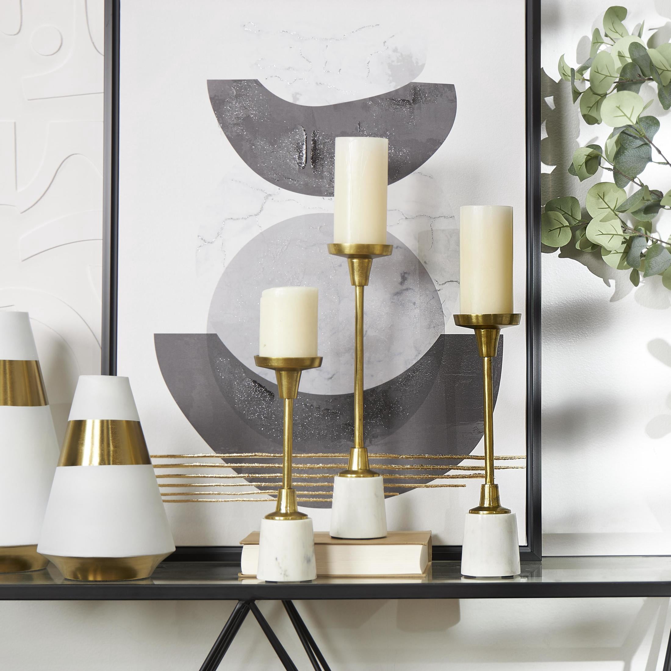 DecMode 3 Candle Gold Aluminum Metal Slim Candle Holder with White Marble Base, Set of 3