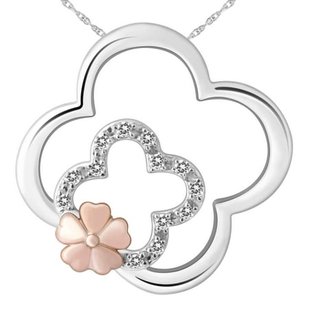 Diamond Stacked Floral Pendant in 10 Karat Attached Rose Gold Flower & Sterling Silver