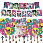 New58 Pcs Trolls Birthday Party Decorations, Cartoon Trolls Birthday Party Supplies for Kids Includes Happy Birthday Banner, Cake Topper, Cupcake Toppers, Balloons Party Favors