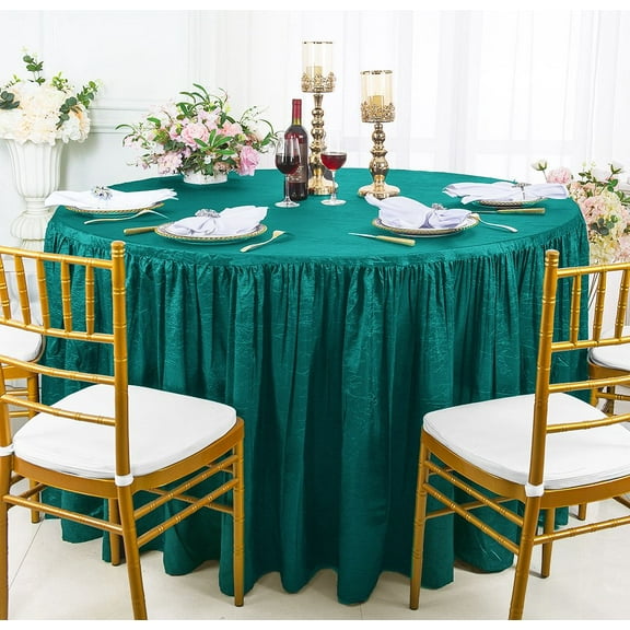 Wedding Linens Inc. 72"W x 30"H Round Ruffled Fitted Crushed Crinkle Taffeta Tablecloth Table Cover Linens With Skirt - Oasis