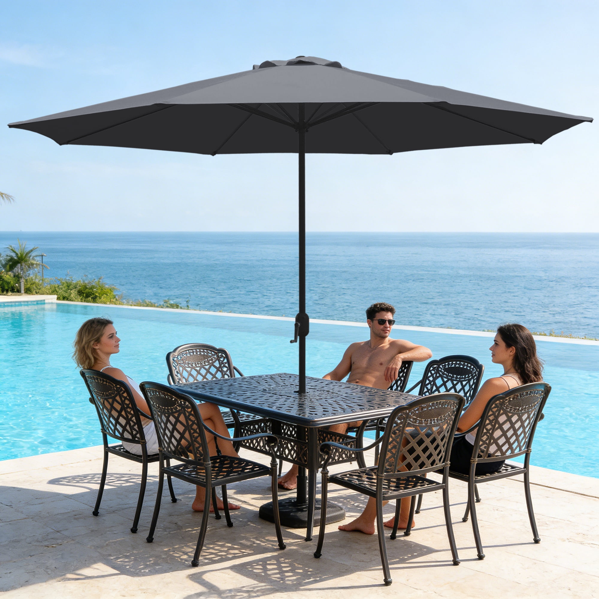 Abble 11FT Outdoor Patio Umbrella with Crank Handle, Market Umbrella with 8 Sturdy Umbrella Ribs, Waterproof for Garden Deck Backyard Pool,  Dark Gray