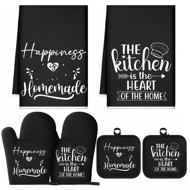 6Pcs Kitchen Baking Set, Farmhouse Style Kitchen Accessories, Includes 2 Dish Towels, 2 Pot Holders, 2 Oven Mitts, Black Kitchen Linen Sets Perfect for Cooking, Baking, Mother’s Day Gifting