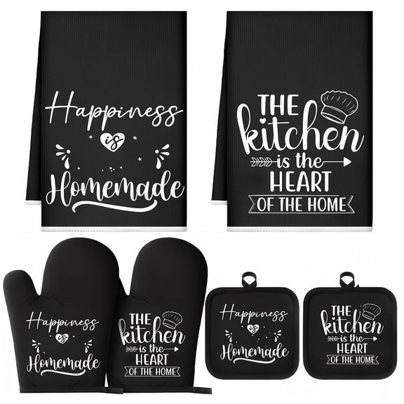 6Pcs Kitchen Baking Set, Farmhouse Style Kitchen Accessories, Includes 2 Dish Towels, 2 Pot Holders, 2 Oven Mitts, Black Kitchen Linen Sets Perfect for Cooking, Baking, Mother’s Day Gifting
