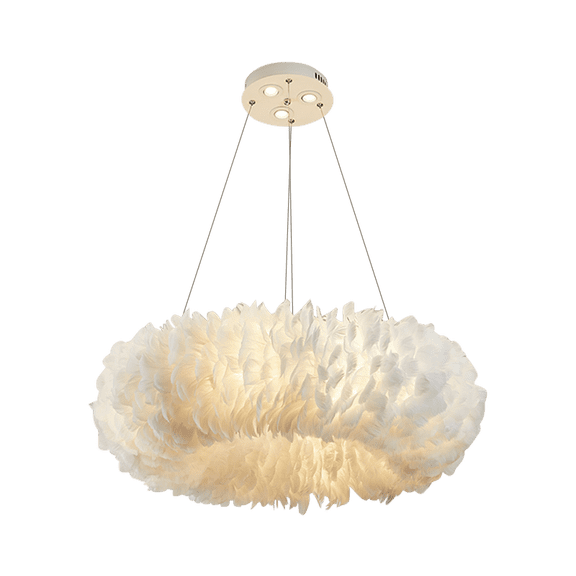 FeatherLuxe Modern White Feather LED Chandelier, Dimmable Circular Pendant Light, D80cm Adjustable for Bedroom & Living Room