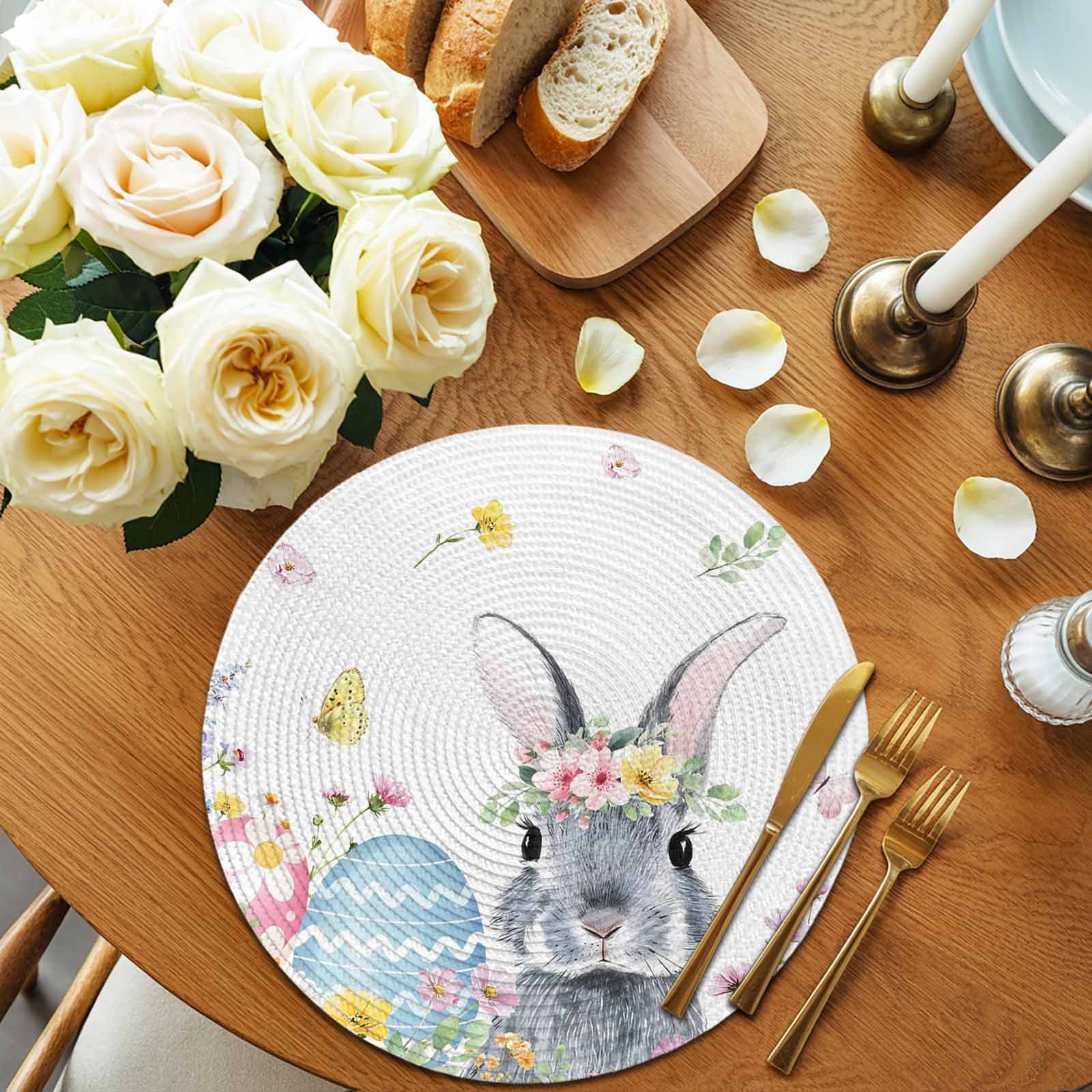 Round Woven Placemats set of 4, Easter Washable & Heat Resistan-t Plastic Wipeable Placemats for Round Table Easter Bunny Color Eggs Spring Floral Kitchen Dining Table Decor, 15in, White