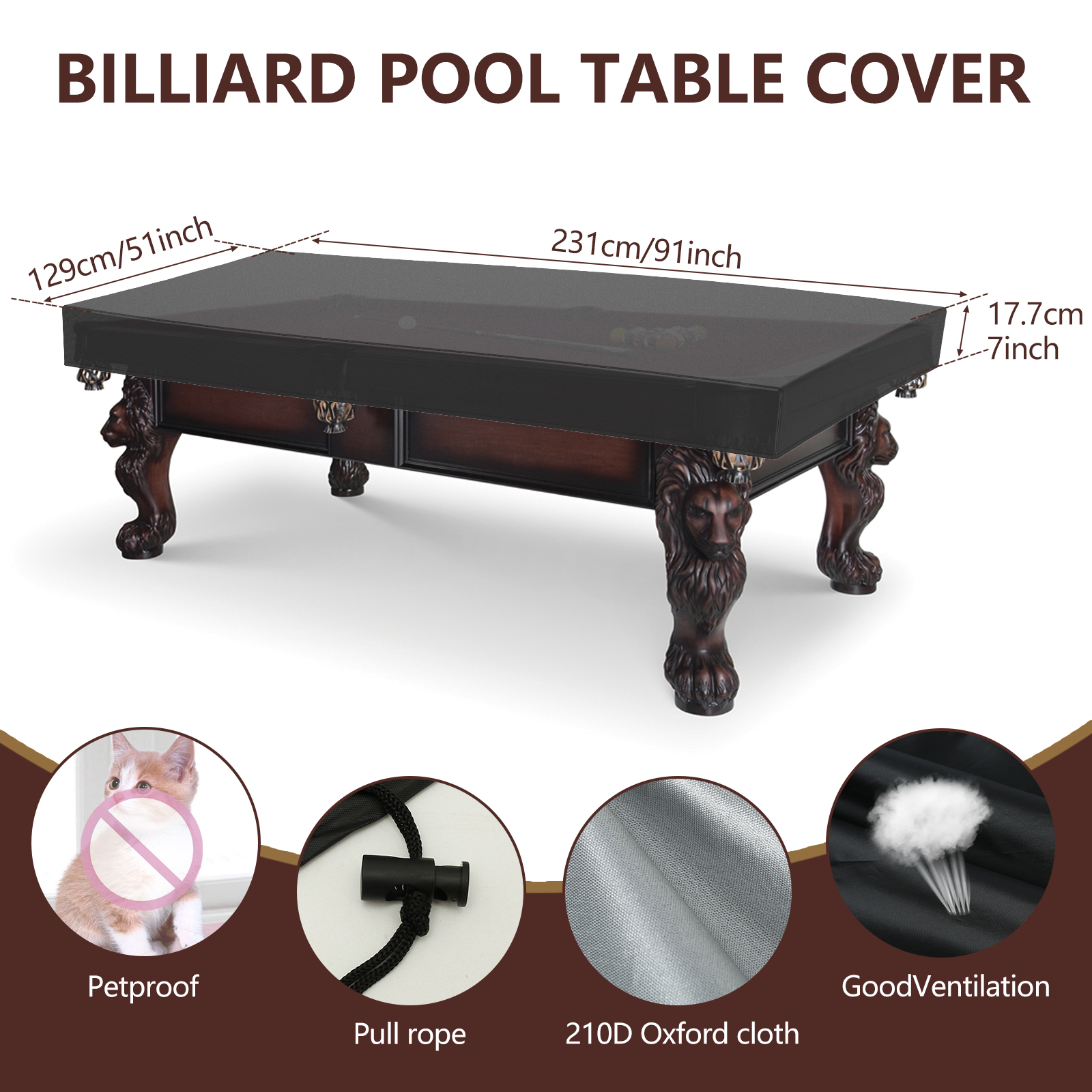 Hvxrjkn Pool Table Cover Waterproof Billiard Table Cover 7FT /8FT Tearproof Pool Table Protector Heavy-Duty 210D Oxford Cloth Snooker Table Dust Cover Machine Washable Billiard Table Protector