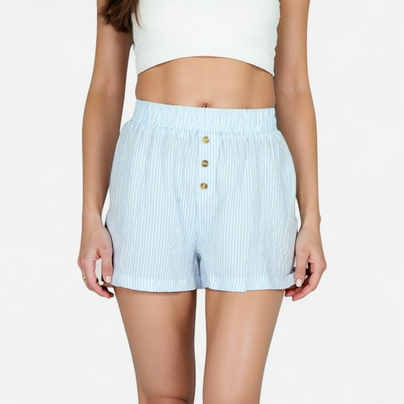Women's Seersucker Stripe Lounge Shorts with Elastic Waistband and Decorative Button Front - X Large, Blue